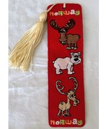 Vtg Norway Souvenir Embroidery Red Bookmark Moose Polar Bear Reindeer Ta... - €5,09 EUR