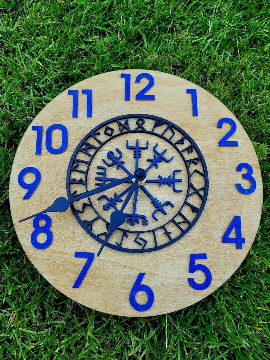 Primary image for Handmade Wooden wall Clock Viking Vegvisir Pagan Witch Runes Home Gift 3D effect