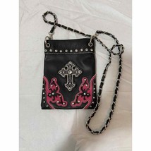 Women’s Black/Pink Western Crossbody Bag Faux Leather Studded Chain Strap - £9.59 GBP