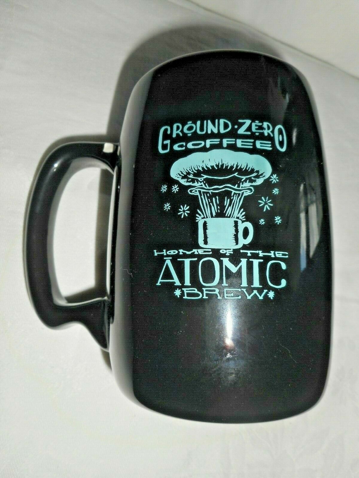 GROUND ZERO Black Tall Ceramic Coffee Mug ATOMIC BREW Logo RARE 1998-2020 - $12.99