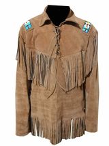 Men's Western Brown Suede Leather Fringe Beaded Mountain Man Pullover Shirt MM03 - £111.11 GBP+