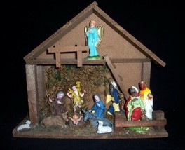 14 Pc Vintage Wood Nativity Creche/Manger Set &amp; 13 Figures Made in Italy - £39.95 GBP