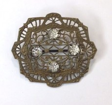 Antique Estate Victorian Style Find Filigree Openwork Brooch Pin w/ Rhinestones - $21.00