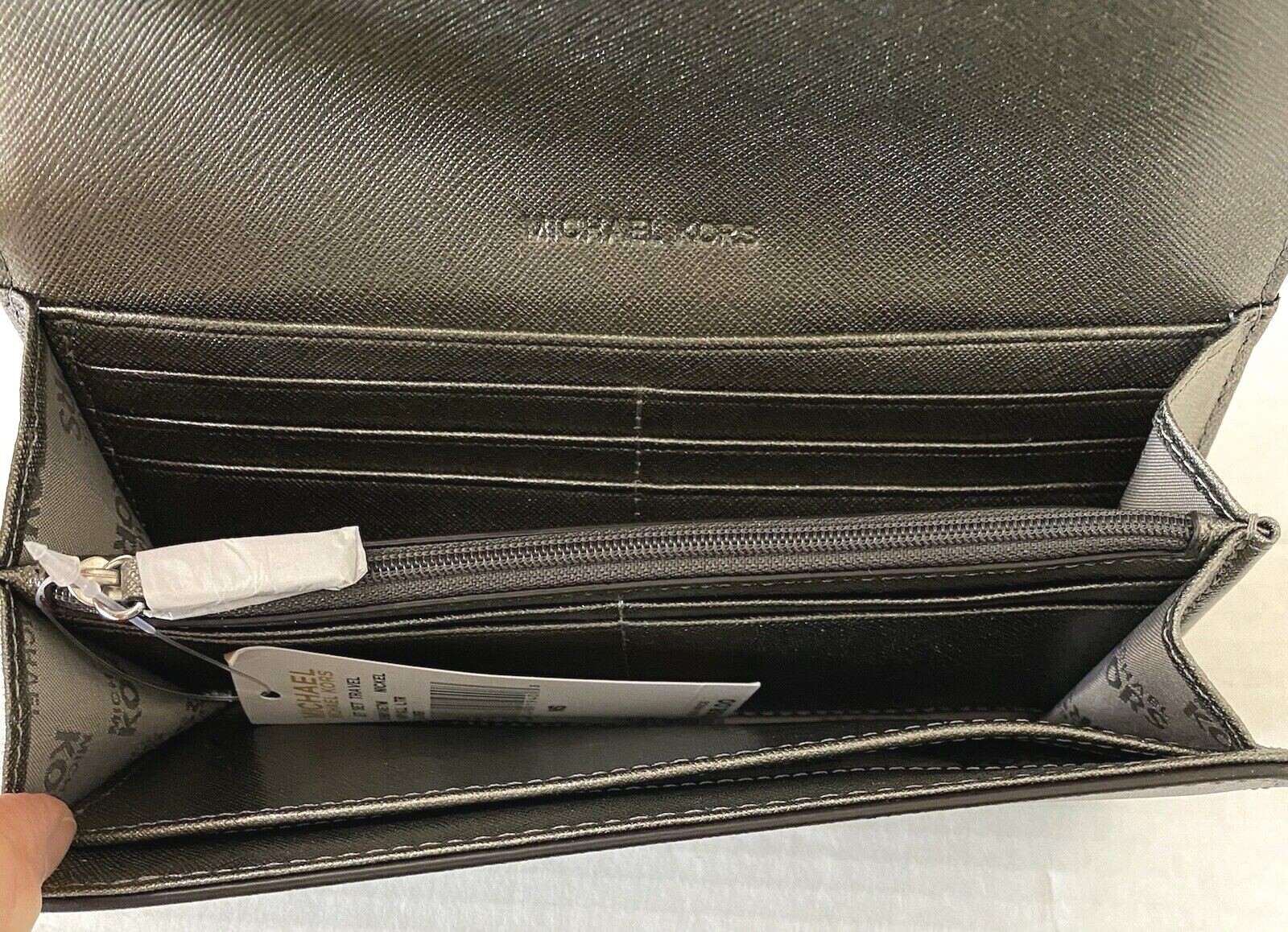 New Michael Kors Jet Set Travel Carryall Flap Wallet Metallic Leather Nickel Item image 5