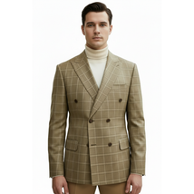 Men's Mono Double Breasted Blazer Super 180s Wool 1523-05 Camel Brown Plaid image 5