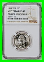 1965 SMS Washington Quarter Coin Mint ERROR Obverse Struck Thru - NGC MS 67 RARE - £1,005.33 GBP