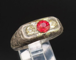 925 Silver - Vintage Antique Red &amp; White Topaz Engraved Ring Sz 11.5 - R... - £31.23 GBP