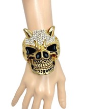 1.5&quot; W Chunky Golden Statement Horned Skull Bangle Rhinestones Bracelet, Punk  - £24.79 GBP