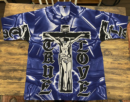 Vintage Y2K IBEU Button Shirt Jesus Crucifixion True Love Streetwear Cholo AOP L - £19.32 GBP