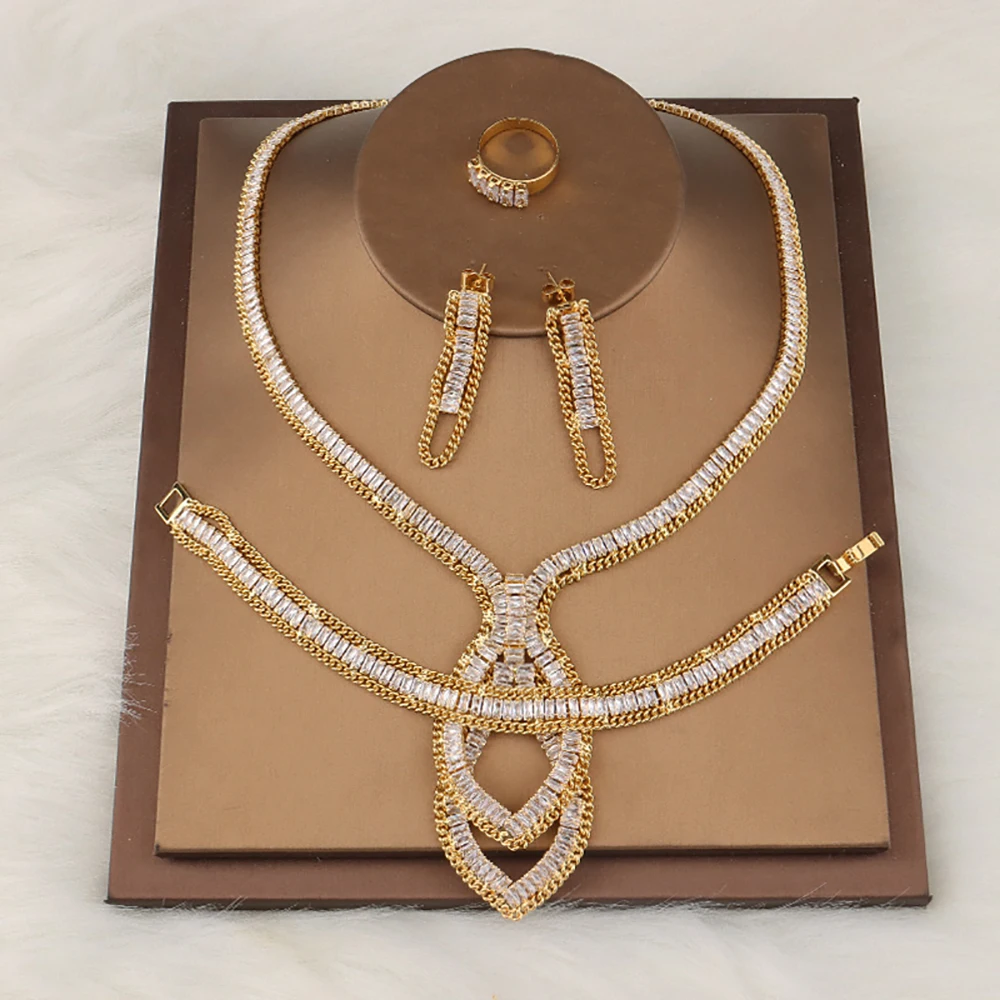 Trendy Necklace Zirco Dubai Gold Plated Jewelry Sets For Women African b... - £46.59 GBP