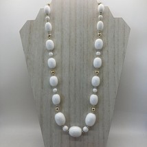 Vintage White Beaded Strand 24&quot; Necklace Plastic Gold Tone Spacer Beads - £4.63 GBP