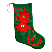Green Red Christmas Stocking Quilted Poinsettia Appliqué 3D 18 Inch - $16.82