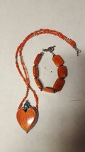 Set of Necklace &amp; Bracelet J.A.W. Sterling Silver HEART PENDANT Orange Coral - £83.82 GBP