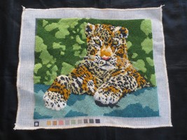 Completed LEOPARD CHEETAH NEEDLEPOINT Panel - 11-1/2&quot; x 10&quot; + Blank Borders - £15.99 GBP