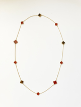 Mixed Size Carnelian and Tiger Eye Quatrefoil Gold Plated Necklace  - $120.00