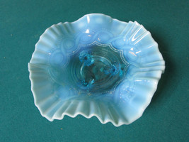 Blue Opalescent Ruffled Border Bowl Cordon Decor Footed 3 X 8&quot; Beauty - £48.86 GBP