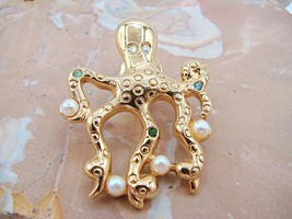 Vintage Octopus Brooch Pin Gold Colored Rhinestones Faux Pearls Avon Hallmark  - £15.40 GBP