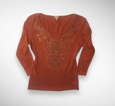 Y2K boho orange long sleeve shirt with rhinestone bling Reba Medium - $15.00