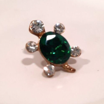 Vintage Turtle Tac Pin Emerald Green &amp; Clear Rhinestones Brooch Goldtone Sparkly - £9.45 GBP