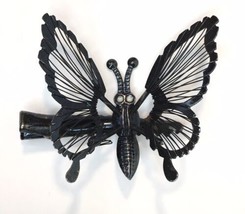 Vintage Black Butterfly Trembler Hair Clip Barrette Enamel Eyes - £11.98 GBP