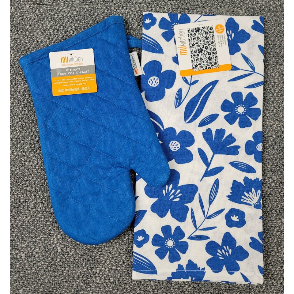 MU Kitchen Oven Mitt Potholder Blue Floral 100% Cotton Terry Lined 2pc S... - $12.97