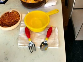 Vtg 80s Gerber Red Yellow Feeding Bowl Spoon Fork Rubber Stubby Grip Handles - £9.65 GBP