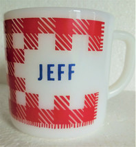 Vintage Westfield Milk Glass Monogram  &quot;JEFF&quot;  Red Plaid Gingham Coffee ... - $24.19