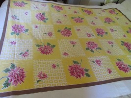 &quot;&quot;Yellow Tiles With Bright Pink Flowers&quot;&quot; - Vintage Tablecloth - £14.76 GBP