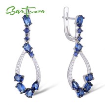 Pure 925 Sterling Silver Dangle Earrings For Women Elegant Blue Cubic Zirconia b - £63.39 GBP
