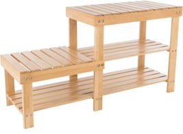 Lavish Home Natural Tier Bamboo Shoe Rack With Two Levels Of Wood Seats - Mud - £57.38 GBP