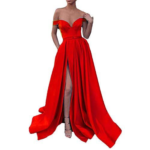 Women Off The Shoulder High Slit Long Evening Prom Dress with Pockets Red US 12