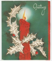 Vintage Christmas Card Red Candle Greetings Glitter Green Background 1950&#39;s - $7.91