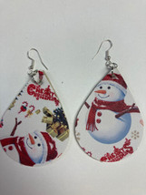 Snowman Christmas Red Teardrop Faux Leather Hand made Earrings Double Sided - £3.94 GBP