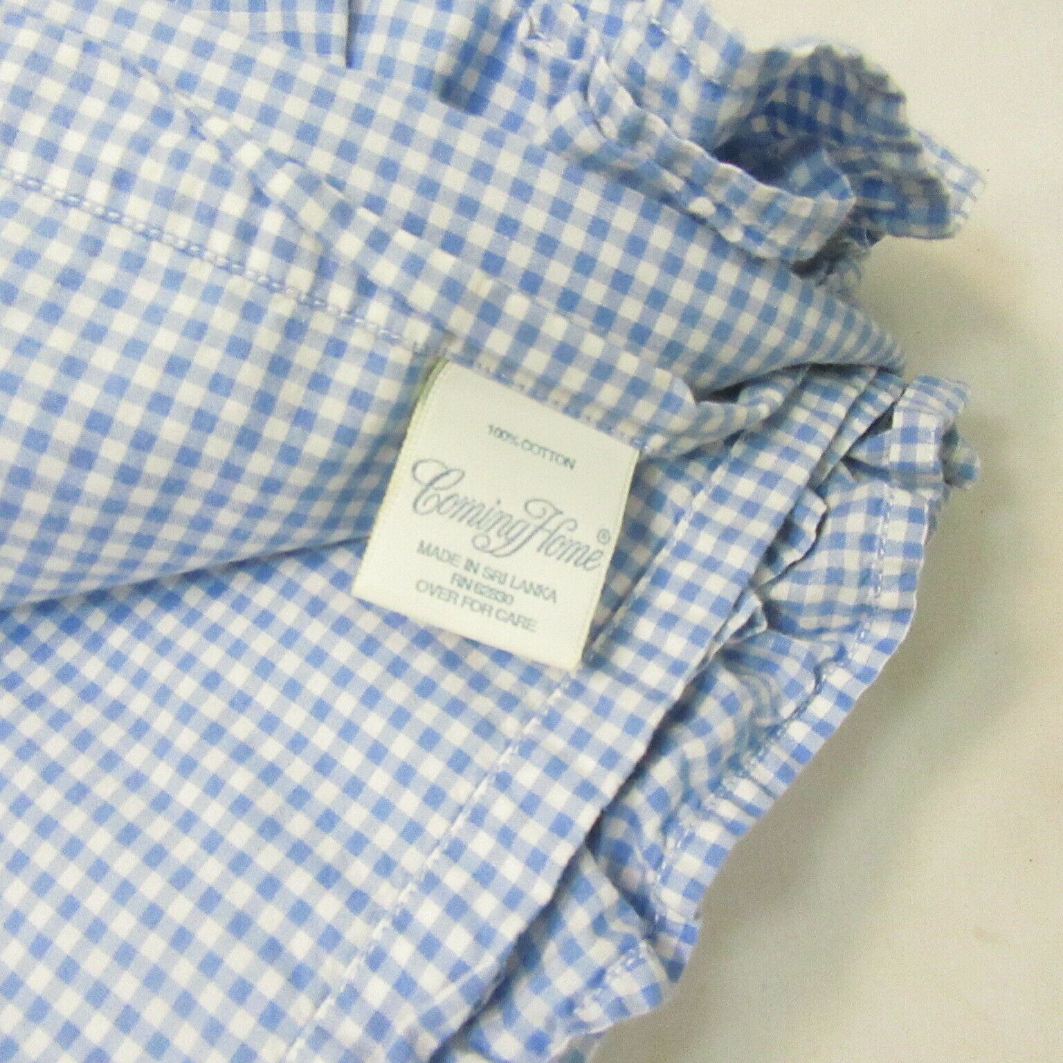 Coming Home Lands End Gingham Blue Ruffled Cotton Percale Queen Flat