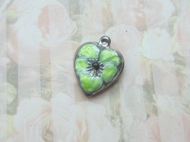 Vintage Sterling silver enameled puffy heart charm-LIME YELLOW pansy - $27.00