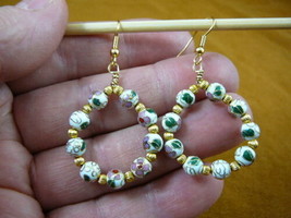 (EE-801-6) White flower 6 mm bead Cloisonne hoop dangle circle earrings gold - £23.65 GBP