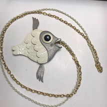 Vintage Articulated Fish Necklace Silver Tone with White Fish Flaw - $18.69