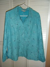 Womens Sag Harbour Large Teal Green Blouse With Black &amp; White Embroidered Flower - £14.24 GBP