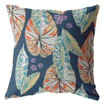 16 Orange Blue Tropical Leaf Indoor Outdoor Zippered Throw Pillow - £47.48 GBP