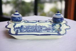 Vintage Victoria Ware Ironstone Flow Blue Double Inkwell and Tray - $34.65