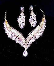 Bridal Rhinestone Necklace, Austrian Crystal Choker, Necklace Earring Set, Pink  - £51.13 GBP