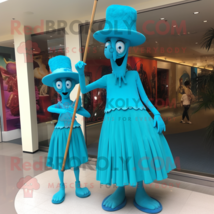 Turquoise Stilt Walker mascot costume character dressed with a Pencil Skirt and  - $1,329.00