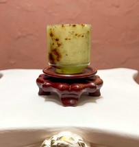 Gorgeous Vintage Chinese Collectible Jade Cup Brush Washer with Wooden S... - $89.10