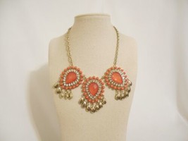 Department Store 15” w 3” ext Gold Tone Orange Red Stone Frontal Necklace C581 - £7.15 GBP