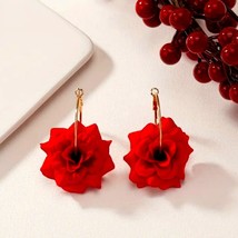 Hoop Earrings with Elegant Red Flower Design Unique and Bohemian Style - £18.50 GBP