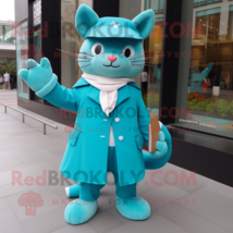 Turquoise Cat mascot costume character dressed with a Coat and Clutch bags - £997.33 GBP