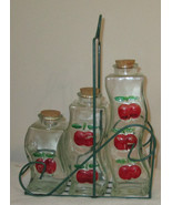 SET OF THREE GLASS BOTTLES CHERRIES CRUETS WIRE BASKET HOLDER - $10.96