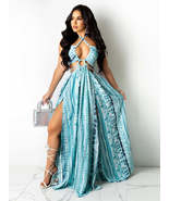 Print Sleeveless Halter Bandage Hollow Out Splited Maxi Dresses - $84.95