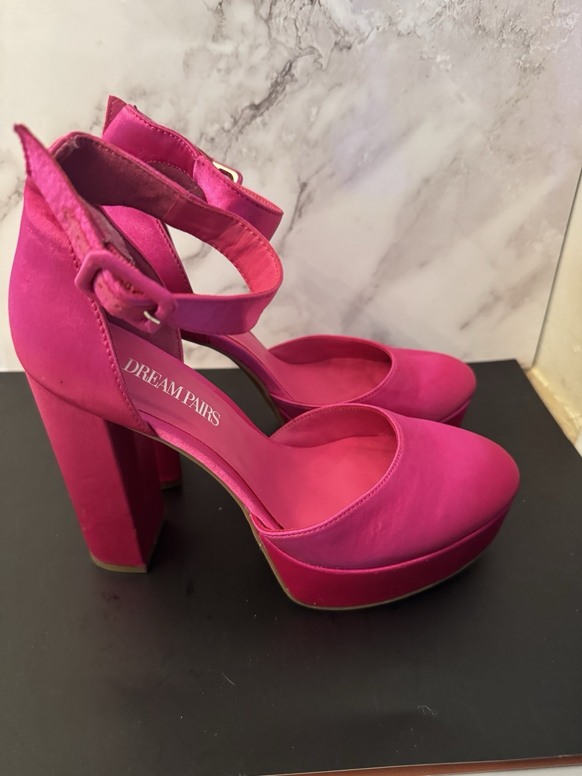 Dream Paris Pink Satin Platform Heels Shoes 5.5&quot; Size 7 - $14.85