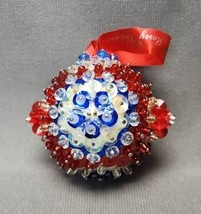 Patriotic America Push Pin Christmas Ornament 2.5&quot; Beaded Red White Blue Sequins - £15.82 GBP